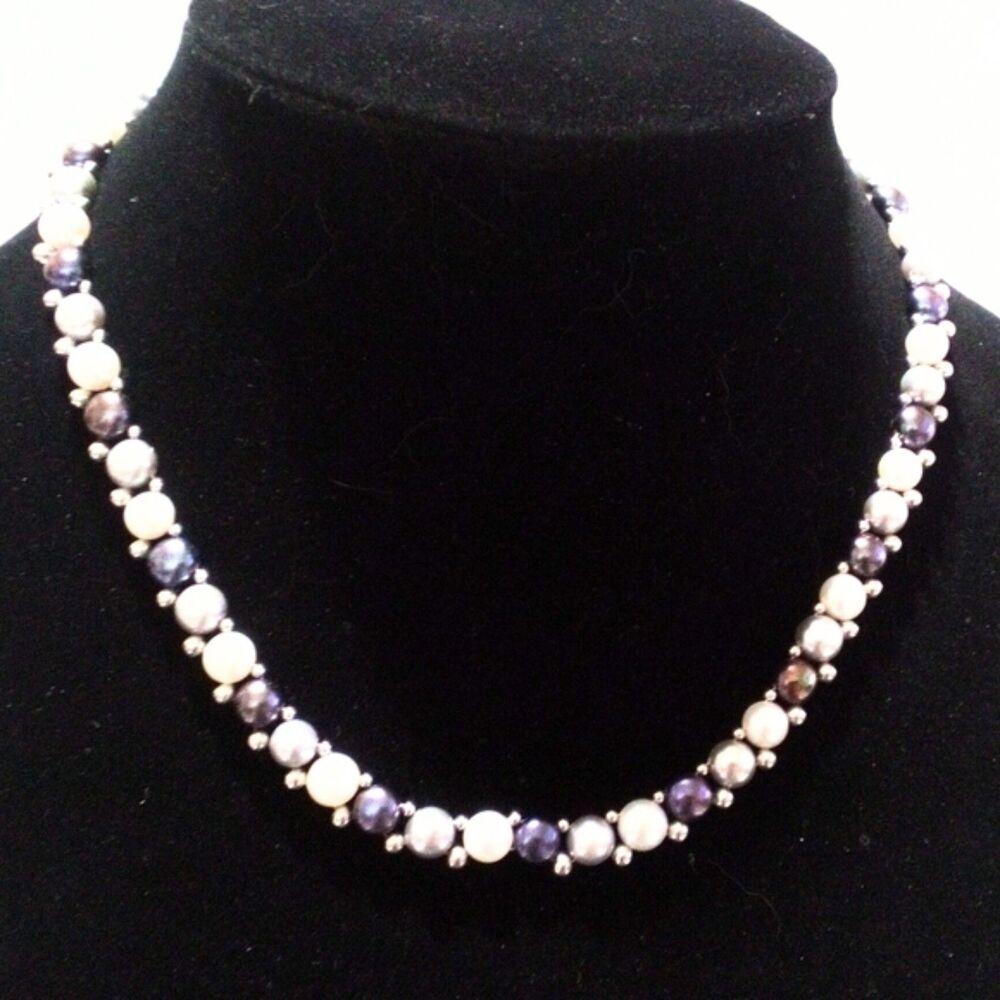 Gray & White Freshwater Button Pearl Necklace w/ Silver Bead Accents 17"